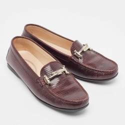 Tod's Burgundy Embossed Lizard Double T Loafers Size 37
