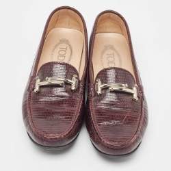 Tod's Burgundy Embossed Lizard Double T Loafers Size 37