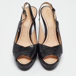 Tod's Black Patent Leather Criss Cross Platform Slingback Sandals Size 38.5