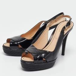 Tod's Black Patent Leather Criss Cross Platform Slingback Sandals Size 38.5