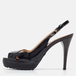 Tod's Black Patent Leather Criss Cross Platform Slingback Sandals Size 38.5