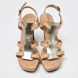 Tod's Beige/Metallic Grey Leather T-Bar Ankle Strap Platform Sandals Size 39.5 