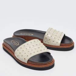 Tod's White Croc Embossed Leather Studded Flat Slides Size 37