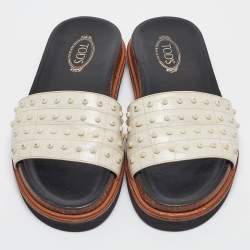 Tod's White Croc Embossed Leather Studded Flat Slides Size 37