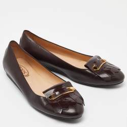 Tod's Burgundy Leather Fringe Detail Ballet Flats Size 38.5