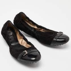 Tod's Black Suede and Leather Buckle Detail Scrunch Ballet Flats Size 36.5