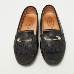 Tod's Black Leather Fringe Detail Slip On Loafers Size 39 