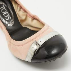 Tod's Pink Suede and Patent Leather Buckle Detail Scrunch Ballet Flats Size 39.5