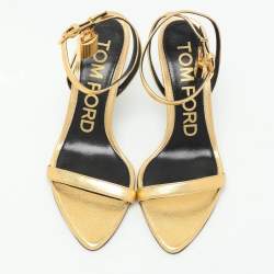 Tom Ford Gold Leather Padlock Ankle Strap Sandals Size 36.5