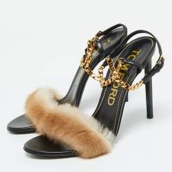 Tom Ford Beige/Black Mink Fur and Leather Ankle Strap Sandals Size 41