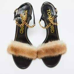 Tom Ford Beige/Black Mink Fur and Leather Ankle Strap Sandals Size 41