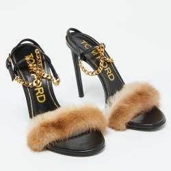 Tom Ford Beige/Black Mink Fur and Leather Ankle Strap Sandals Size 41