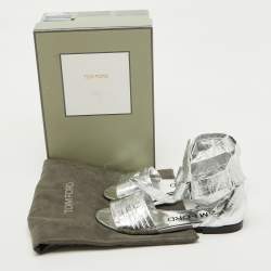 Tom Ford Silver Laminated Leather Ankle Wrap Flat Sandals Size 38