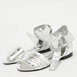 Tom Ford Silver Laminated Leather Ankle Wrap Flat Sandals Size 38