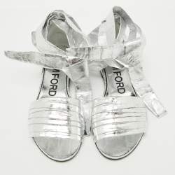 Tom Ford Silver Laminated Leather Ankle Wrap Flat Sandals Size 38