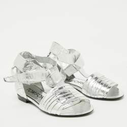 Tom Ford Silver Laminated Leather Ankle Wrap Flat Sandals Size 38