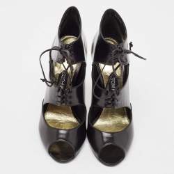 Tom Ford Black Leather Cut Out Peep Toe Ankle Booties Size 39.5