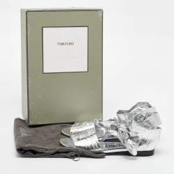 Tom Ford Silver Laminated Leather Ankle Wrap Flat Sandals Size 37