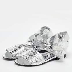Tom Ford Silver Laminated Leather Ankle Wrap Flat Sandals Size 37