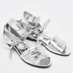 Tom Ford Silver Laminated Leather Ankle Wrap Flat Sandals Size 37