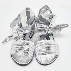 Tom Ford Silver Laminated Leather Ankle Wrap Flat Sandals Size 37