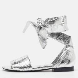 Tom Ford Silver Laminated Leather Ankle Wrap Flat Sandals Size 37