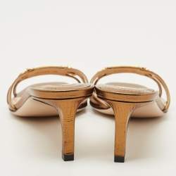 Pre Owned Tom Ford Gold Lizard Embossed Leather Logo Printed Slide Sandal Size 38