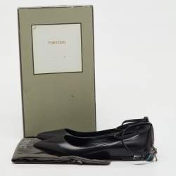 Pre Owned Tom Ford Black Leather Ankle Wrap Lock Ballet Flats Size 37