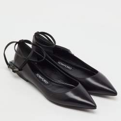 Pre Owned Tom Ford Black Leather Ankle Wrap Lock Ballet Flats Size 37