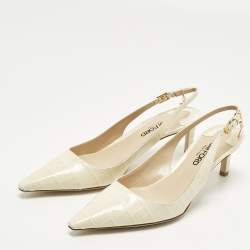 Pre Owned Tom Ford Size 37 Cream Croc Embossed Patent Leather Slingback Pumps