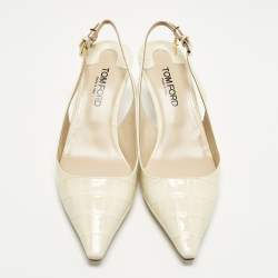 Pre Owned Tom Ford Size 37 Cream Croc Embossed Patent Leather Slingback Pumps