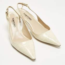 Pre Owned Tom Ford Size 37 Cream Croc Embossed Patent Leather Slingback Pumps