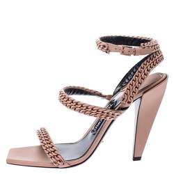 Pre Owned Tom Ford Beige Leather Chain Embellished Ankle Strap Open Toe Sandals Size 39.5