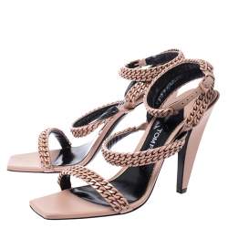 Pre Owned Tom Ford Beige Leather Chain Embellished Ankle Strap Open Toe Sandals Size 39.5