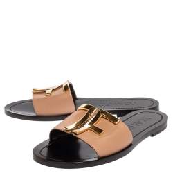 Pre Owned Tom Ford Beige/Black Leather TF Slide Sandals Size 38