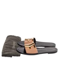 Pre Owned Tom Ford Beige/Black Leather TF Slide Sandals Size 38