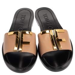 Pre Owned Tom Ford Beige/Black Leather TF Slide Sandals Size 38