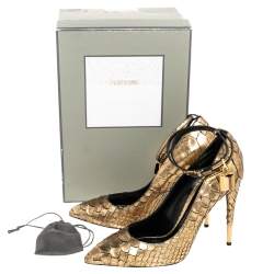 Tom Ford Gold Python Leather Padlock Ankle Strap Pointed Toe Pumps Size 41