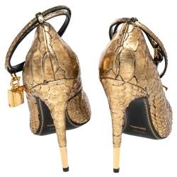 Tom Ford Gold Python Leather Padlock Ankle Strap Pointed Toe Pumps Size 41