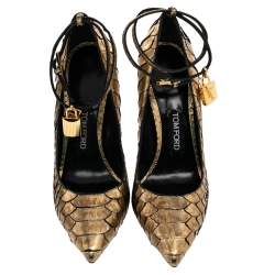 Tom Ford Gold Python Leather Padlock Ankle Strap Pointed Toe Pumps Size 41