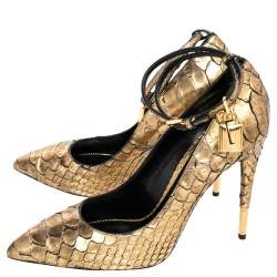 Tom Ford Gold Python Leather Padlock Ankle Strap Pointed Toe Pumps Size 41