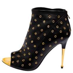 Tom Ford Black Leather Grommet Open Toe Ankle Boots Size 38.5