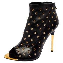 Tom Ford Black Leather Grommet Open Toe Ankle Boots Size 38.5