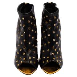 Tom Ford Black Leather Grommet Open Toe Ankle Boots Size 38.5