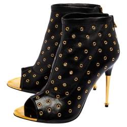Tom Ford Black Leather Grommet Open Toe Ankle Boots Size 38.5