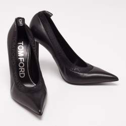 Tom Ford Black Leather and Elastic Logo Pointed Toe Pumps Size 41