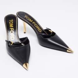 Pre Owned Tom Ford Black Leather Metal Pointed Cap Toe Mary Jane Mules Size 39