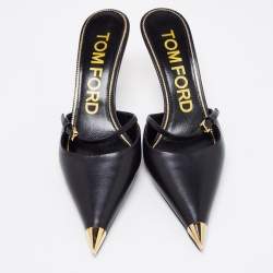 Pre Owned Tom Ford Black Leather Metal Pointed Cap Toe Mary Jane Mules Size 39