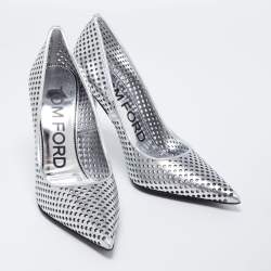 Pre Owned Tom Ford Metallic Silver Perforated Leather Pointed Toe Pumps Size 38