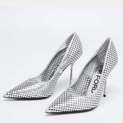 Pre Owned Tom Ford Metallic Silver Perforated Leather Pointed Toe Pumps Size 38